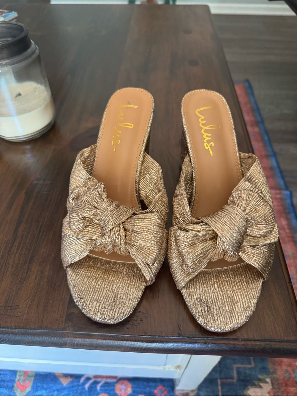 Lulu's Metallic Knot Bow Slide Heels in Rose Gold